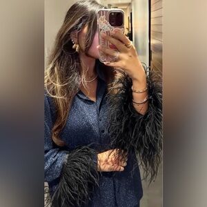 Shimmery Navy Blue Button Down Shirt with Black Orchid Feather Cuffs